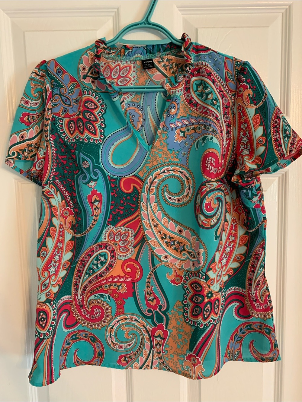 SHEIN Teal Paisley Ruffle Neck Short Sleeve Blouse